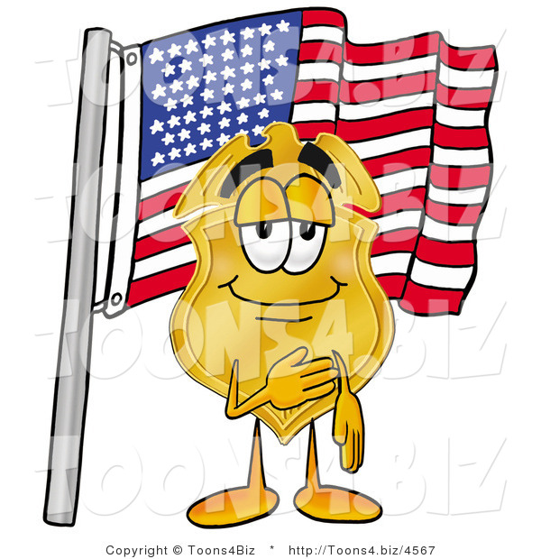 Illustration of a Police Badge Mascot Pledging Allegiance to an American Flag