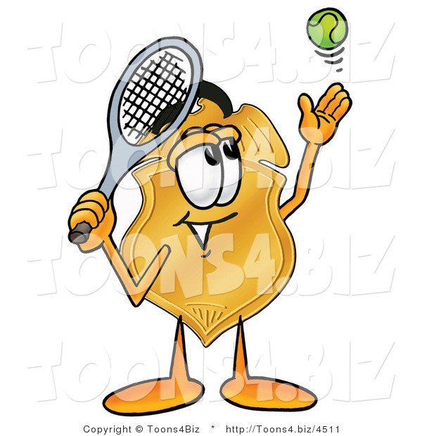 Illustration of a Police Badge Mascot Preparing to Hit a Tennis Ball