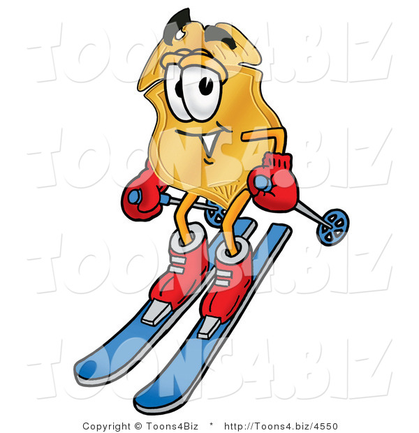 Illustration of a Police Badge Mascot Skiing Downhill
