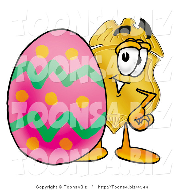 Illustration of a Police Badge Mascot Standing Beside an Easter Egg