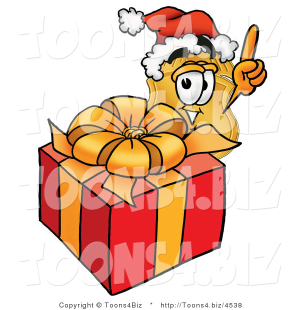 Illustration of a Police Badge Mascot Standing by a Christmas Present