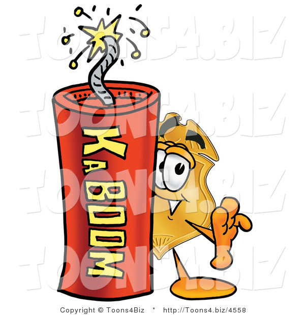 Illustration of a Police Badge Mascot Standing with a Lit Stick of Dynamite