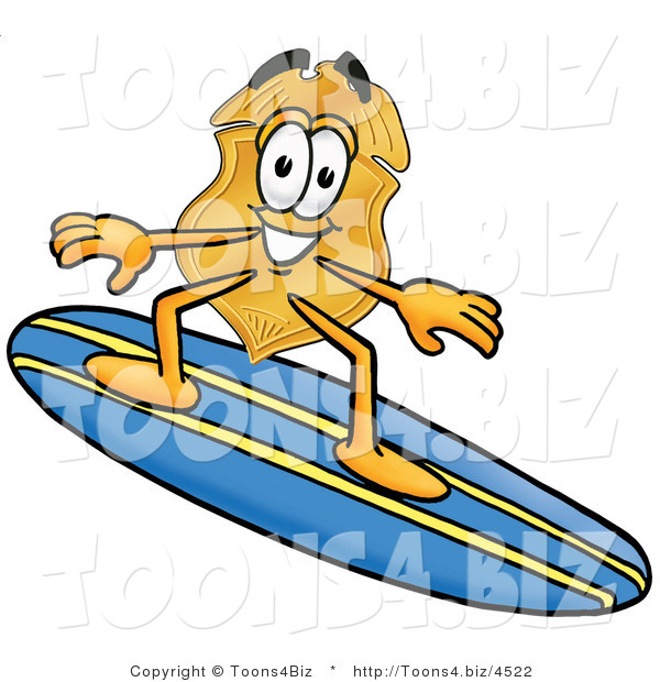 Illustration of a Police Badge Mascot Surfing on a Blue and Yellow Surfboard