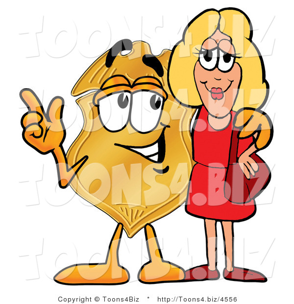Illustration of a Police Badge Mascot Talking to a Pretty Blond Woman