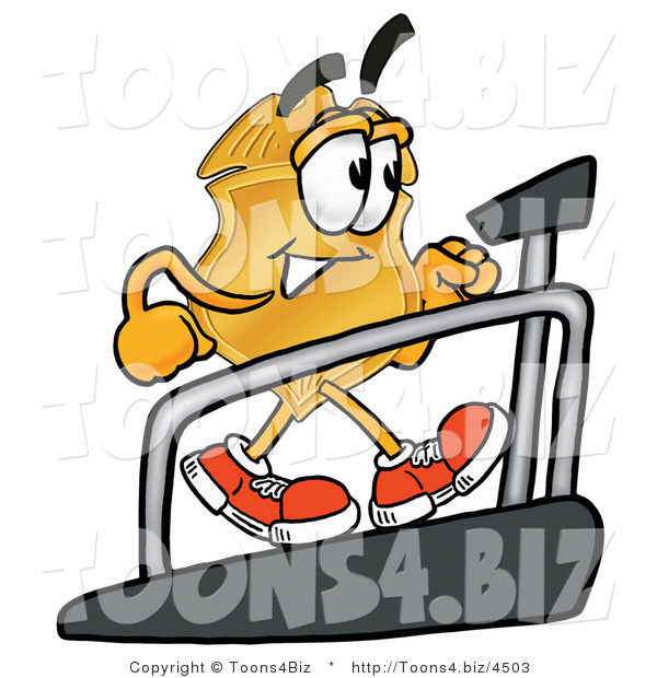 Illustration of a Police Badge Mascot Walking on a Treadmill in a Fitness Gym