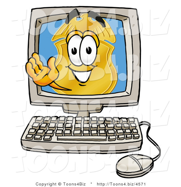 Illustration of a Police Badge Mascot Waving from Inside a Computer Screen
