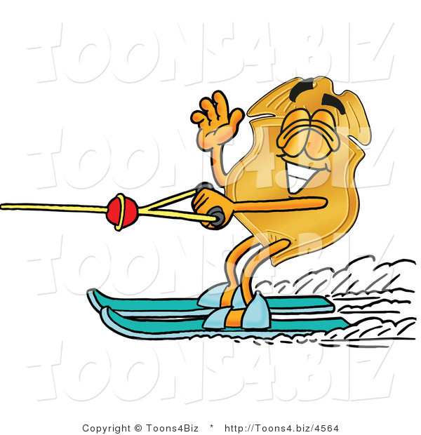 Illustration of a Police Badge Mascot Waving While Water Skiing