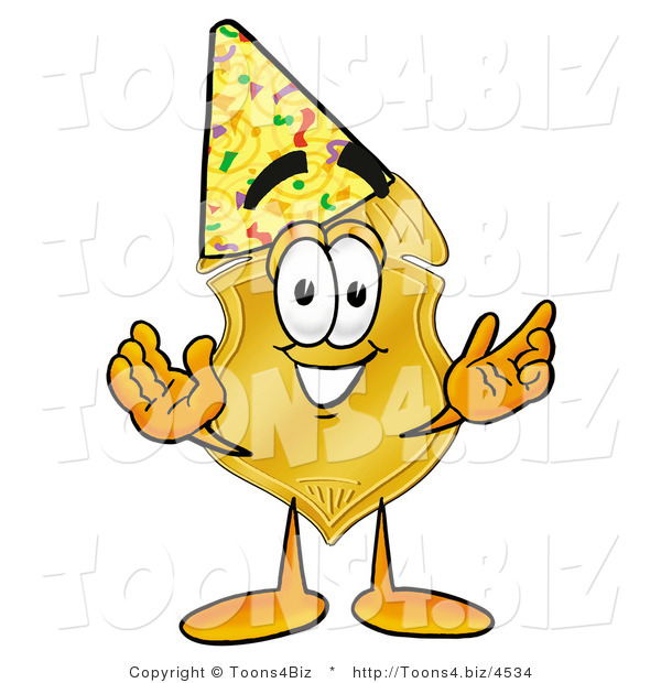 Illustration of a Police Badge Mascot Wearing a Birthday Party Hat