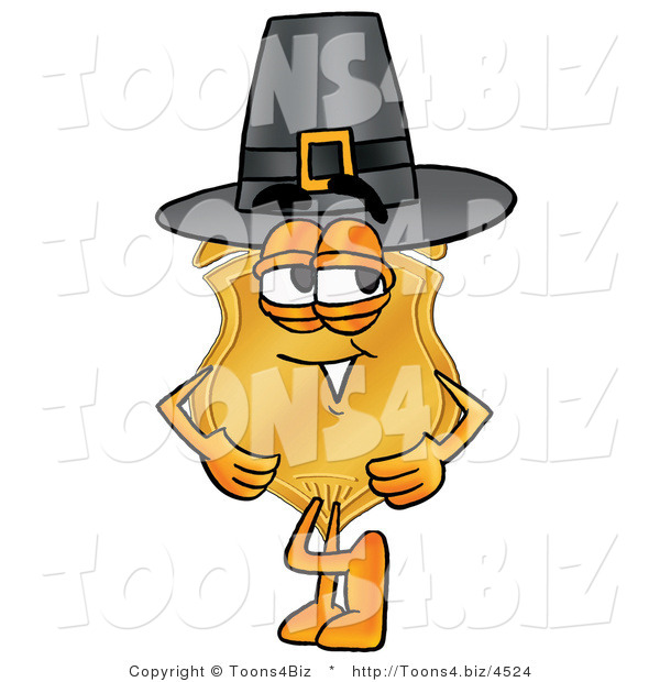 Illustration of a Police Badge Mascot Wearing a Pilgrim Hat on Thanksgiving