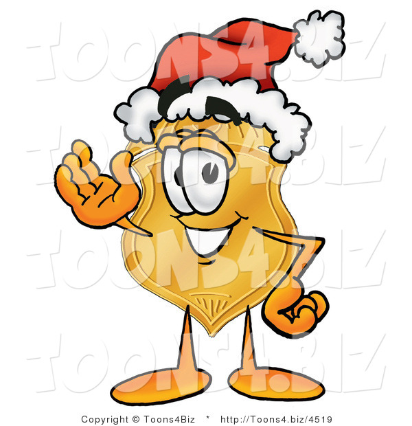 Illustration of a Police Badge Mascot Wearing a Santa Hat and Waving