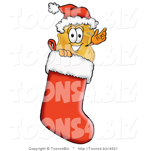 Illustration of a Police Badge Mascot Wearing a Santa Hat Inside a Red Christmas Stocking