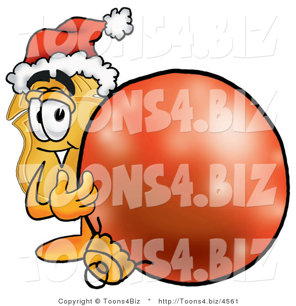 Illustration of a Police Badge Mascot Wearing a Santa Hat, Standing with a Christmas Bauble