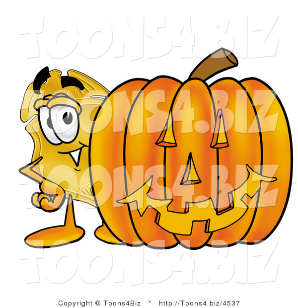 Illustration of a Police Badge Mascot with a Carved Halloween Pumpkin