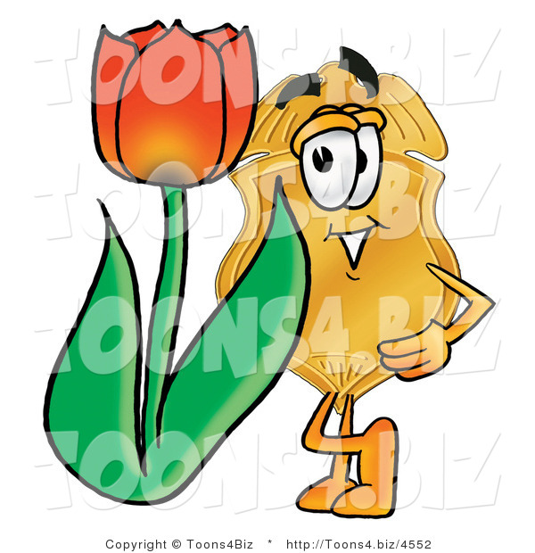 Illustration of a Police Badge Mascot with a Red Tulip Flower in the Spring