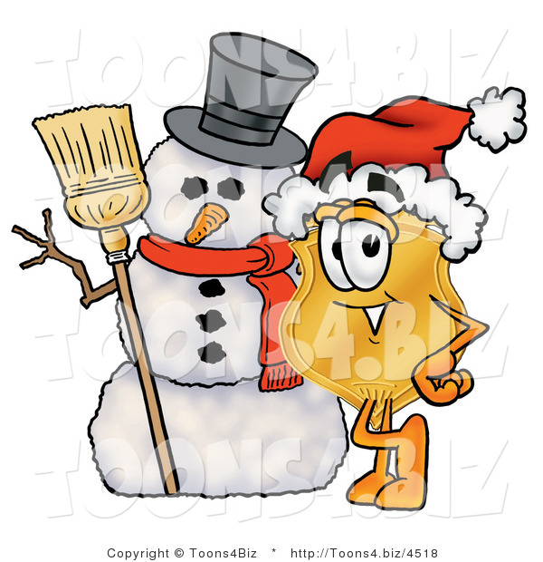 Illustration of a Police Badge Mascot with a Snowman on Christmas