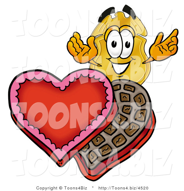Illustration of a Police Badge Mascot with an Open Box of Valentines Day Chocolate Candies