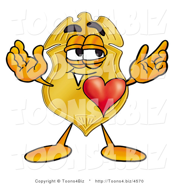 Illustration of a Police Badge Mascot with His Heart Beating out of His Chest