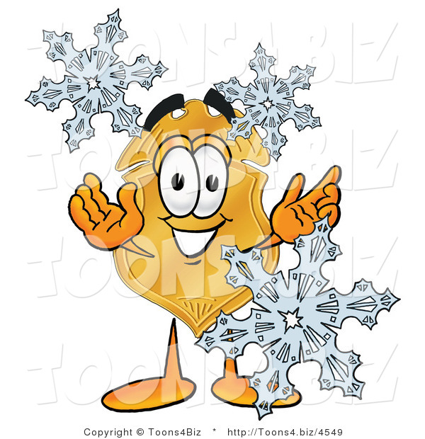 Illustration of a Police Badge Mascot with Three Snowflakes in Winter