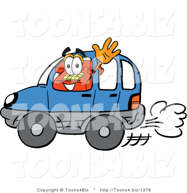 Illustration of a Red Cartoon Telephone Mascot Driving a Blue Car and Waving