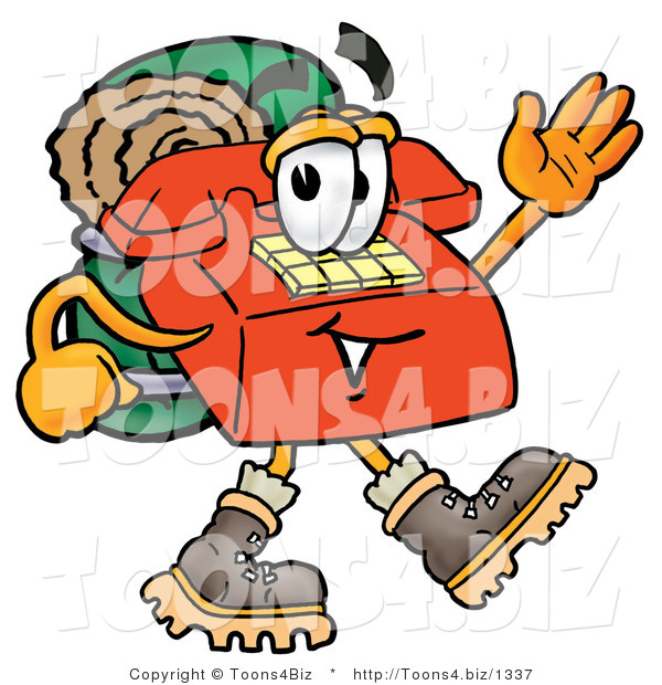 Illustration of a Red Cartoon Telephone Mascot Hiking and Carrying a Backpack