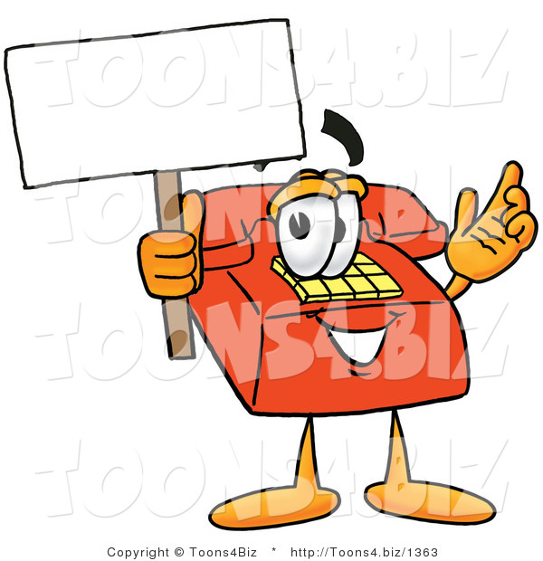 Illustration of a Red Cartoon Telephone Mascot Holding a Blank Sign