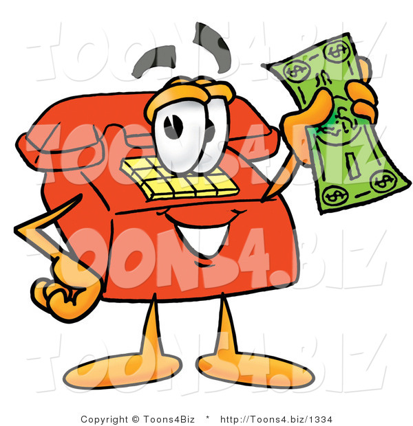 Illustration of a Red Cartoon Telephone Mascot Holding a Dollar Bill