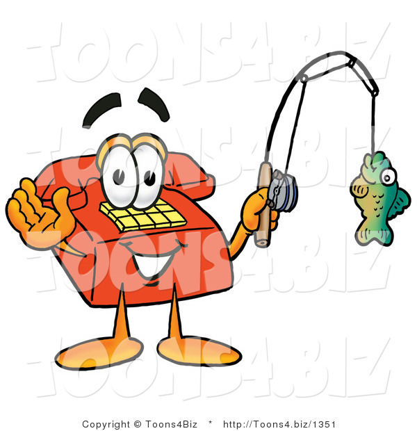 Illustration of a Red Cartoon Telephone Mascot Holding a Fish on a Fishing Pole