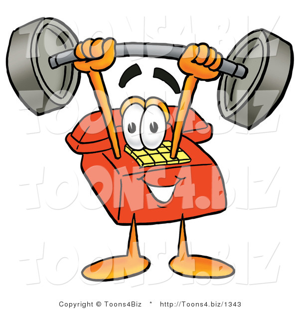 Illustration of a Red Cartoon Telephone Mascot Holding a Heavy Barbell Above His Head
