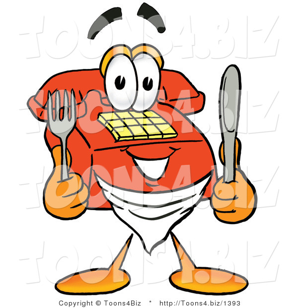 Illustration of a Red Cartoon Telephone Mascot Holding a Knife and Fork