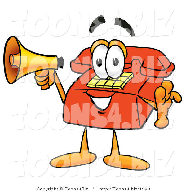 Illustration of a Red Cartoon Telephone Mascot Holding a Megaphone
