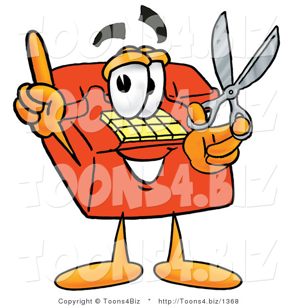 Illustration of a Red Cartoon Telephone Mascot Holding a Pair of Scissors