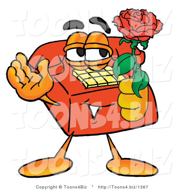 Illustration of a Red Cartoon Telephone Mascot Holding a Red Rose on Valentines Day