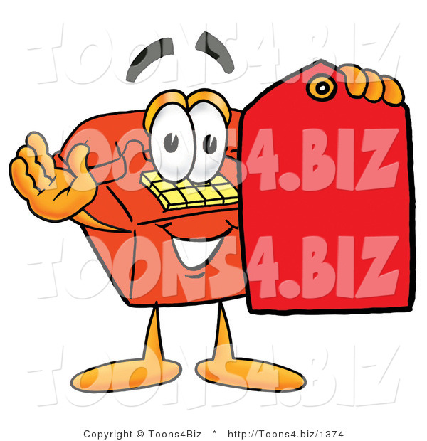 Illustration of a Red Cartoon Telephone Mascot Holding a Red Sales Price Tag