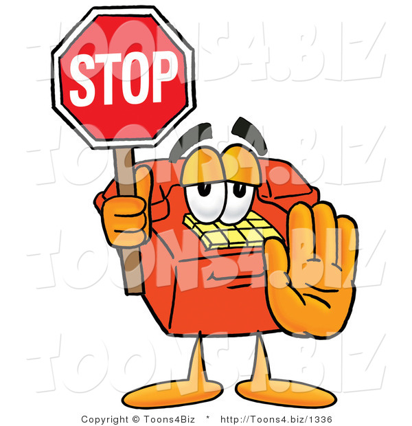 Illustration of a Red Cartoon Telephone Mascot Holding a Stop Sign