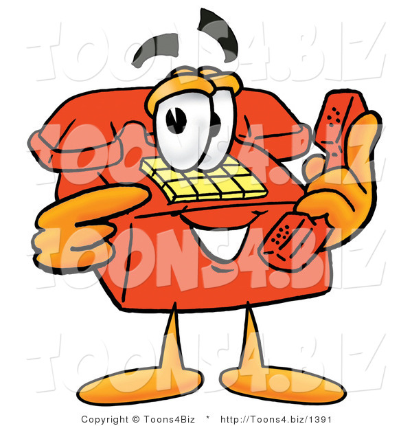 Illustration of a Red Cartoon Telephone Mascot Holding a Telephone