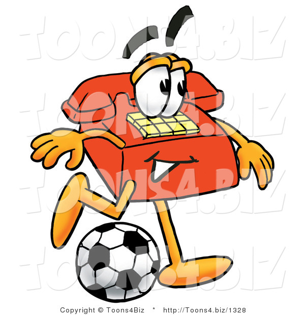 Illustration of a Red Cartoon Telephone Mascot Kicking a Soccer Ball