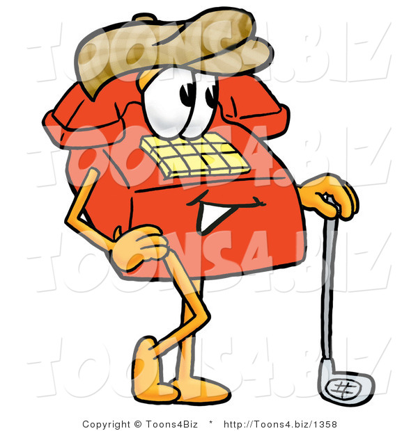 Illustration of a Red Cartoon Telephone Mascot Leaning on a Golf Club While Golfing