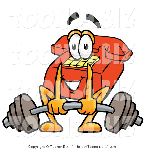 Illustration of a Red Cartoon Telephone Mascot Lifting a Heavy Barbell