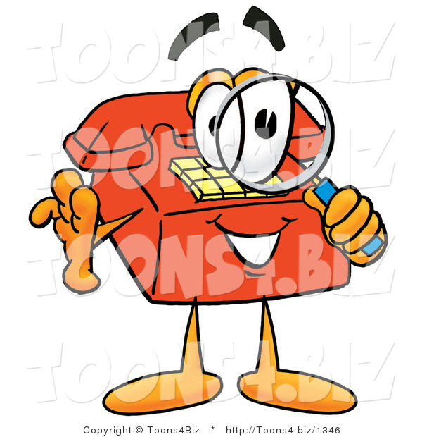 Illustration of a Red Cartoon Telephone Mascot Looking Through a Magnifying Glass