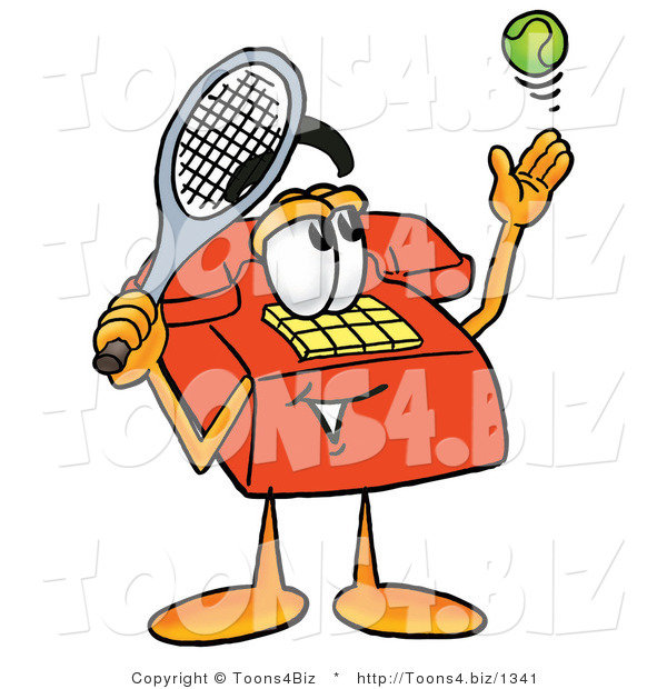 Illustration of a Red Cartoon Telephone Mascot Preparing to Hit a Tennis Ball