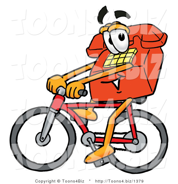 Illustration of a Red Cartoon Telephone Mascot Riding a Bicycle