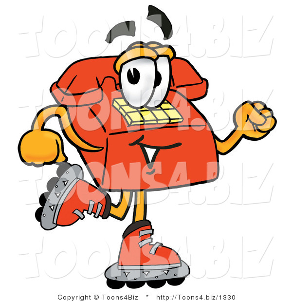 Illustration of a Red Cartoon Telephone Mascot Roller Blading on Inline Skates