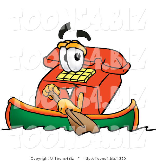 Illustration of a Red Cartoon Telephone Mascot Rowing a Boat