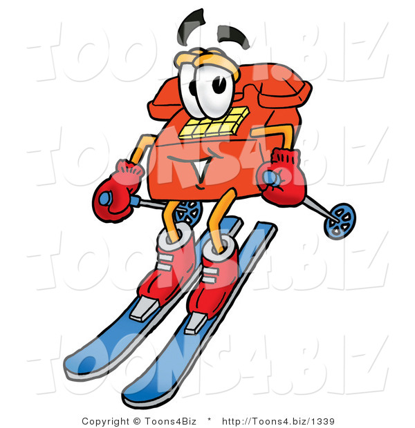 Illustration of a Red Cartoon Telephone Mascot Skiing Downhill