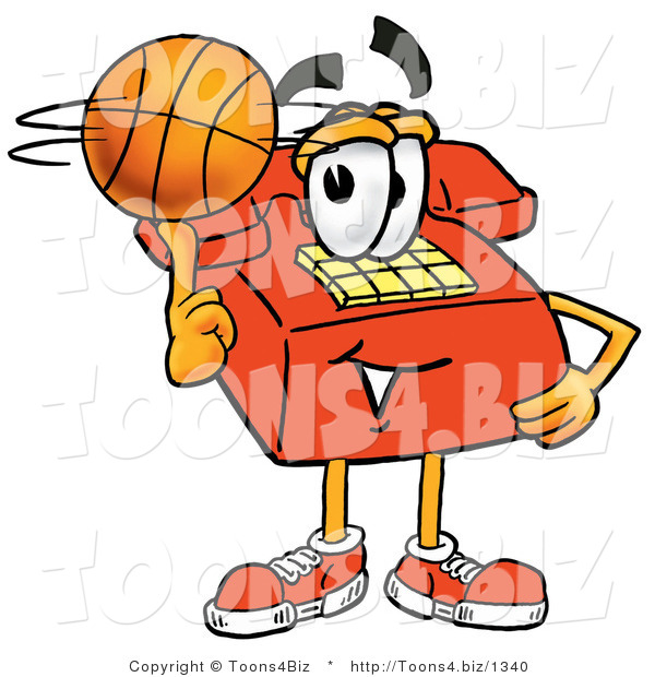 Illustration of a Red Cartoon Telephone Mascot Spinning a Basketball on His Finger