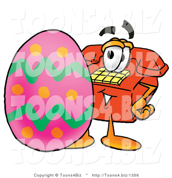 Illustration of a Red Cartoon Telephone Mascot Standing Beside an Easter Egg
