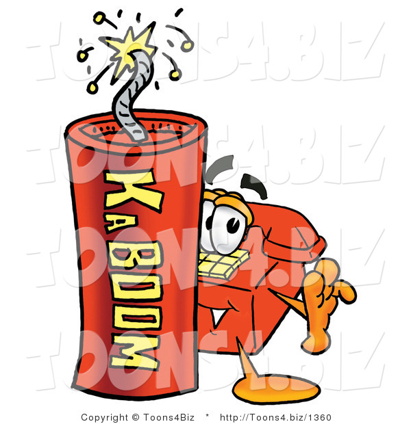 Illustration of a Red Cartoon Telephone Mascot Standing with a Lit Stick of Dynamite