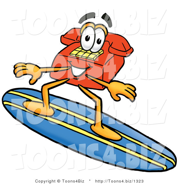 Illustration of a Red Cartoon Telephone Mascot Surfing on a Blue and Yellow Surfboard