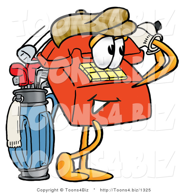 Illustration of a Red Cartoon Telephone Mascot Swinging His Golf Club While Golfing