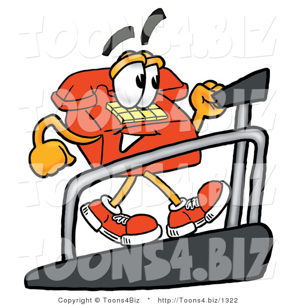 Illustration of a Red Cartoon Telephone Mascot Walking on a Treadmill in a Fitness Gym